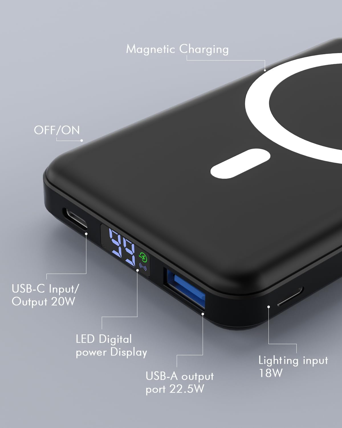 for Magsafe Battery Pack, Foldable 10000Mah Magnetic Power Bank with USB-C Cable LED Display 22.5W PD Fast Charging Wireless Portable Charger for Iphone 16/15/14/13/12 Series-Black