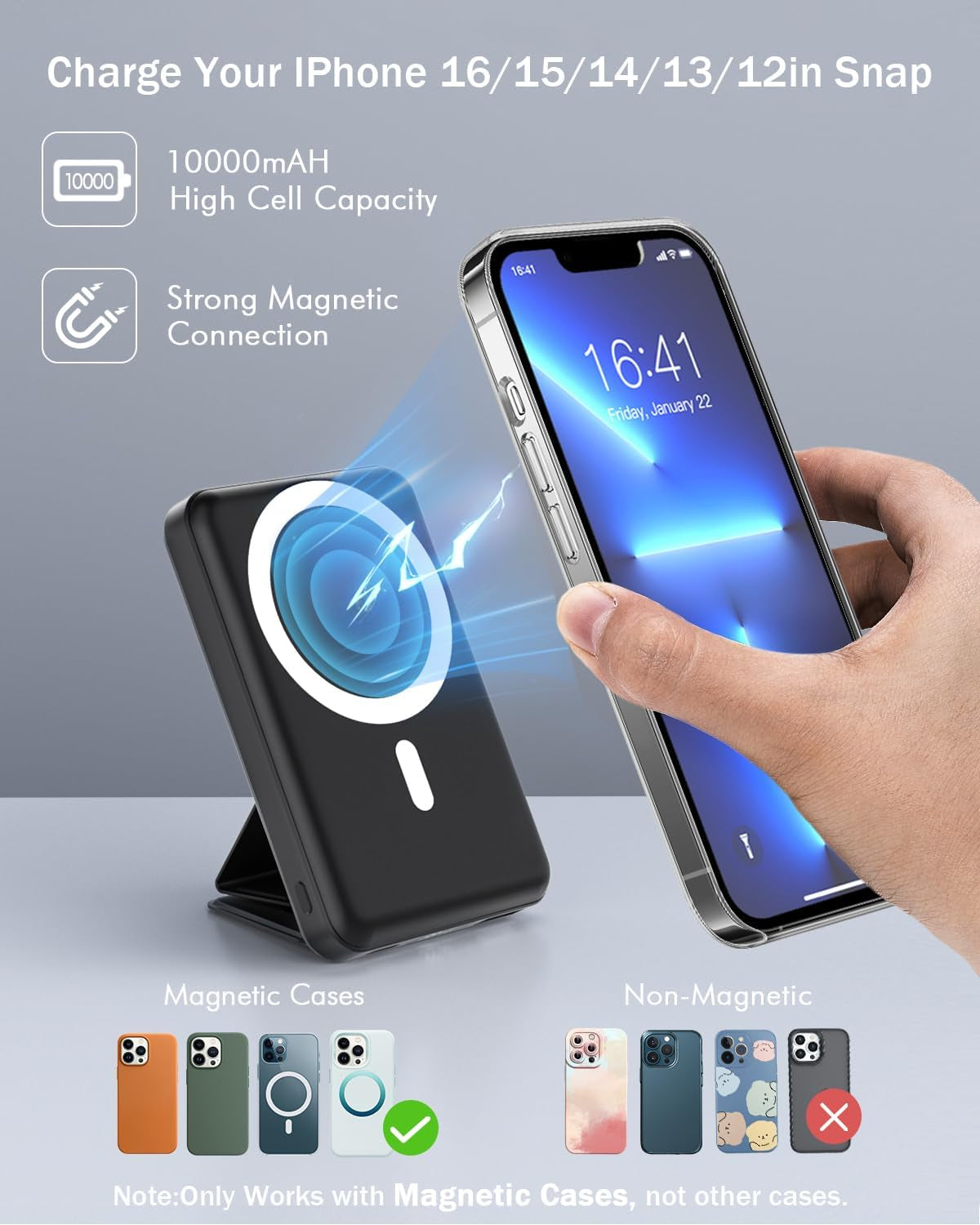 for Magsafe Battery Pack, Foldable 10000Mah Magnetic Power Bank with USB-C Cable LED Display 22.5W PD Fast Charging Wireless Portable Charger for Iphone 16/15/14/13/12 Series-Black