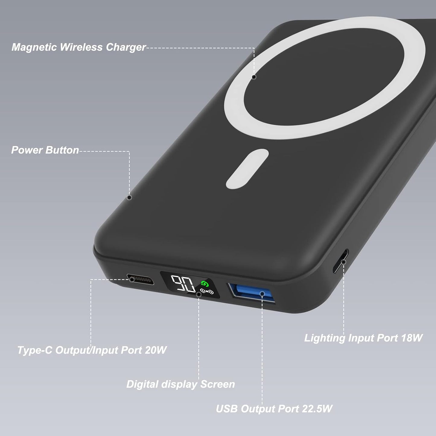 Magnetic Power Bank, 10000Mah Foldable Wireless Portable Charger with USB-C Cable LED Display, for Mag-Safe Battery Pack 22.5W PD Fast Charging for Iphone 16/15/14/13/12 Pro/Pro Max/Plus/Mini