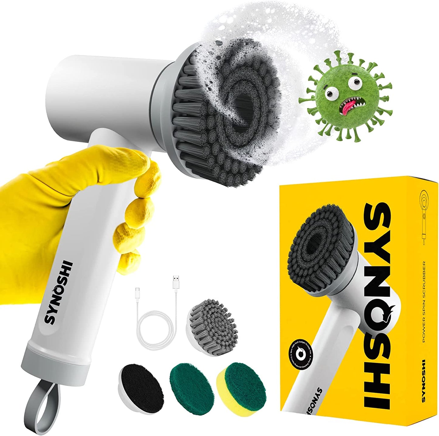 | Electric Spin Scrubber, Power Cleaning Brush with 3 Replaceable Heads, Cordless Waterproof Scrubber Dual Speed, Perfect for Bathrooms, Showers, Tile, Cars, Floor White 4.5 X 7 In